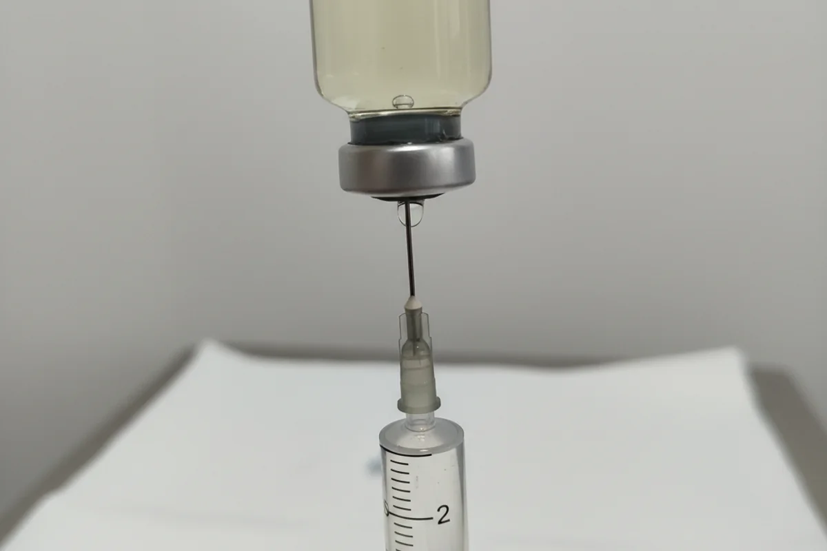 Drawing peptide from vial with syringe